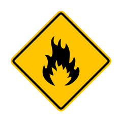 Flammable sign. Caution: flammable substances. Yellow diamond shaped warning road sign. Diamond road sign. Rhombus road sign.