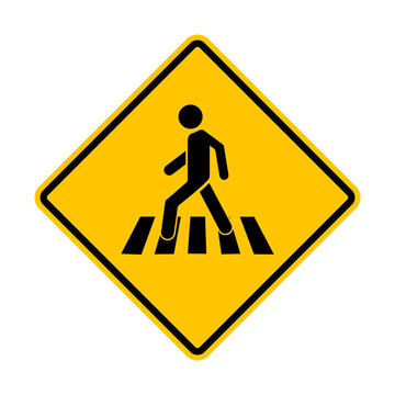 Pedestrian crossing sign. Yellow diamond shaped warning road sign. Diamond road sign. Rhombus road sign. A place to cross a road, street, highway.