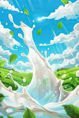 milk splash with clear blue sky and evergreen land
