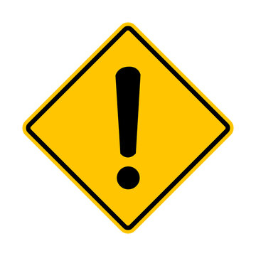 Danger warning sign with exclamation mark. Yellow diamond shaped warning road sign. Diamond road sign. Rhombus road sign. Danger zone.