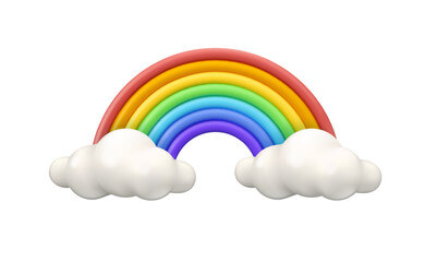 Rainbow with clouds icon. Vector 3d illustration, isolated on white background. Cute cartoon spring weather design element