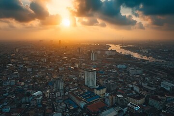 An overhead perspective of a cityscape as the sun sets, showcasing the urban landscape bathed in warm golden light, Aerial view of Lagos's dynamic cityscape, AI Generated