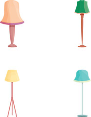 Torcher icons set cartoon vector. Floor torchere with various lampshade. Home illumination and decor element