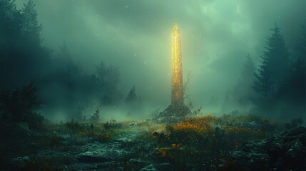 shadows and mist, a mythical blade stands enshrined, emitting a beacon of light across the darkened wilds - obrazy, fototapety, plakaty