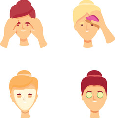 Cosmetology icons set cartoon vector. Girl takes care of her face. Spa and beauty