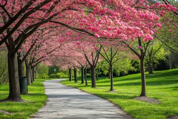 Naklejka premium A pathway in a park is beautifully lined with pink trees, creating a vibrant and colorful scene, Alley lined with flowering dogwood trees in a spring park, AI Generated