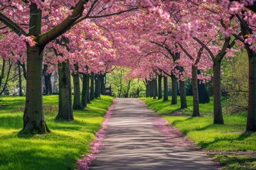 A road flanked by trees adorned with pink flowers creating a stunning natural landscape, Alley lined with flowering dogwood trees in a spring park, AI Generated