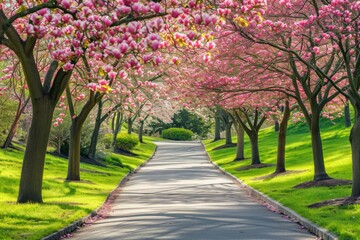 Fototapeta na wymiar A picturesque street adorned with numerous pink flowers, creating a colorful and vibrant scene, Alley lined with flowering dogwood trees in a spring park, AI Generated