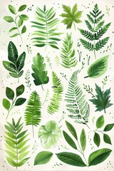A collection of watercolor illustrations featuring various green leaves, including ferns and other foliage. The botanical details and diverse selection offer a versatile set for creative designs.