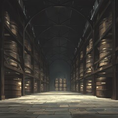 Enchanting Wine Cellar with Towering Barrels and Architectural Charm - obrazy, fototapety, plakaty