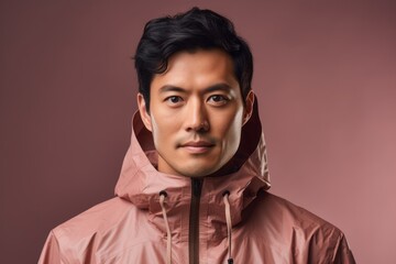 Portrait of a merry asian man in his 30s sporting a waterproof rain jacket in front of pastel brown background