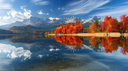tranquil waters ne'er the mountains with trees in autumn 