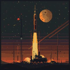 Design a futuristic, pixel art interpretation of the launch of Sputnik 1, combining space exploration with a minimalist approach for a visually striking image