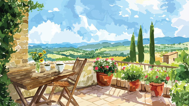 Hand drawn watercolor painting of Tuscan balcony view