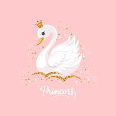 Little swan princess with a golden crown on a pink background. Cute illustration for fashion print, greeting cards, nursery bedroom decoration. Vector