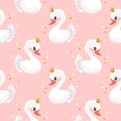 Seamless pattern, little swan princess with a golden crown on a pink background. Cute background for decorating a nursery bedroom. Vector