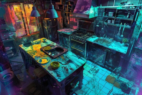 Capture a birds-eye view of a haunted kitchen in a digital glitch art style, depicting eerie culinary tools and ghostly ingredients blending