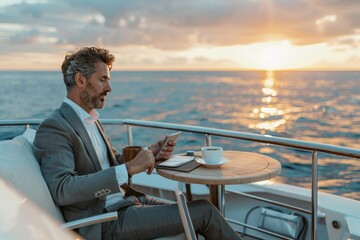 Businessman enjoying morning coffee and reading news on tablet while relaxing on yacht at sea