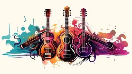 Abstract Musical Explosion with Colorful Guitars - obrazy, fototapety, plakaty