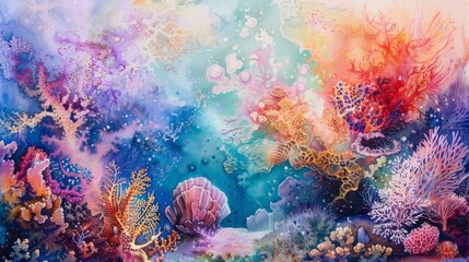Fototapeta na wymiar Capture the intricate beauty of a coral reef in vibrant watercolors, showcasing the fragile harmony between marine life and subconscious thoughts of existentialism
