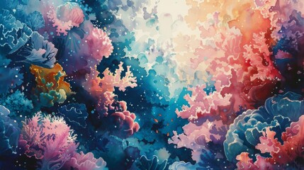 Capture the intricate beauty of a coral reef in vibrant watercolors, showcasing the fragile harmony between marine life and subconscious thoughts of existentialism