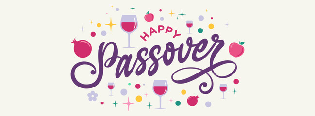 Happy Passover greeting card text design 
calligraphy lettering vector graphic illustration 
web banner, poster for Jewish holiday Pesah celebration concept