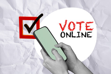 Collage picture banner of hands hold phone touch screen use vote online isolated on drawing...