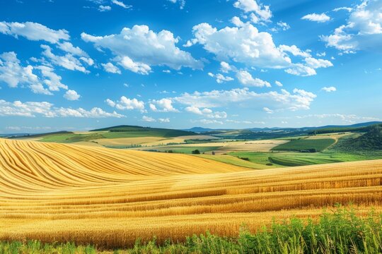 Tranquil rural scenery with lush fields and clear blue sky, picturesque landscape