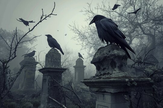 A group of crows perched on the rooftops and gravestones of a cemetery, An abandoned cemetery with crows perched on tombstones, AI Generated
