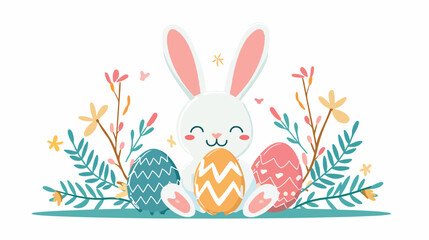 Happy easter bunny with easter eggs flat vector isolated