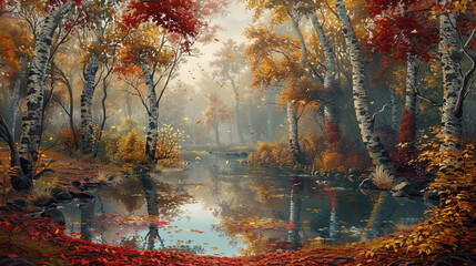 "Autumn glen with trees in red and gold circling a pond, painted in oils."