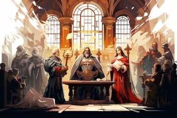 A group of people, including judges, witnesses, and the accused, standing around a table in a medieval court trial setting - obrazy, fototapety, plakaty