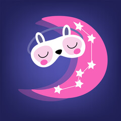 A funny sleep mask in the form of a rabbit's muzzle. Sleep mask-the moon and the stars. A cute composition for postcards, banners, prints, and promotional products. Vector illustration cartoon Flat 