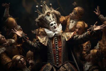 A group of people, including a medieval jester, dressed in elaborate costumes and masks, entertain the royal court in a vibrant display of performance and color - obrazy, fototapety, plakaty