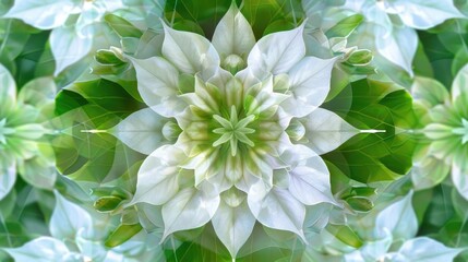 Bougainvillea with delicate white and green pattern in hexagonal kaleidoscopic style