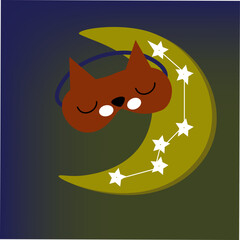 A funny sleep mask in the form of a cat`s muzzle. Sleep mask the moon and the stars. A cute composition for postcards, banners, prints, and promotional products. 