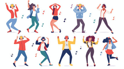 Happy people dance to music while listening to it wit - obrazy, fototapety, plakaty