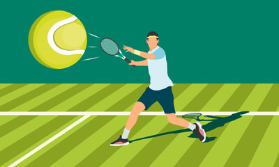 Male tennis player on tennis court. Tennis player man with racket hits the ball. Vector illustration.