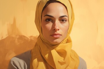 Portrait of a tender woman in her 30s wearing a versatile buff in soft yellow background