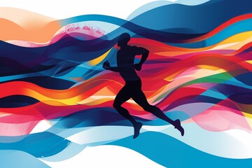Fototapeta na wymiar A man is seen running across a vibrant wave of water, displaying athleticism and energy, An abstract representation of a fitness journey, AI Generated