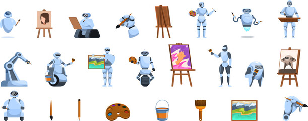 Robot artist icons set cartoon vector. Picture painter. Human art versus