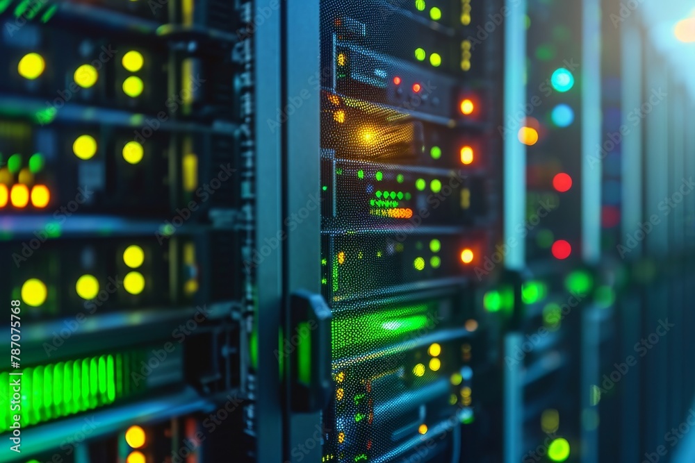 Poster a row of servers neatly arranged in a data center, connected to numerous cables and humming with act