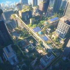 Bustling Urban Jungle with Greenery and Solar Panels from Above - obrazy, fototapety, plakaty