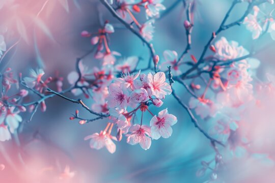 This photo captures a close up of a tree with vibrant pink flowers blooming, An abstract representation of cherry blossoms in spring, AI Generated
