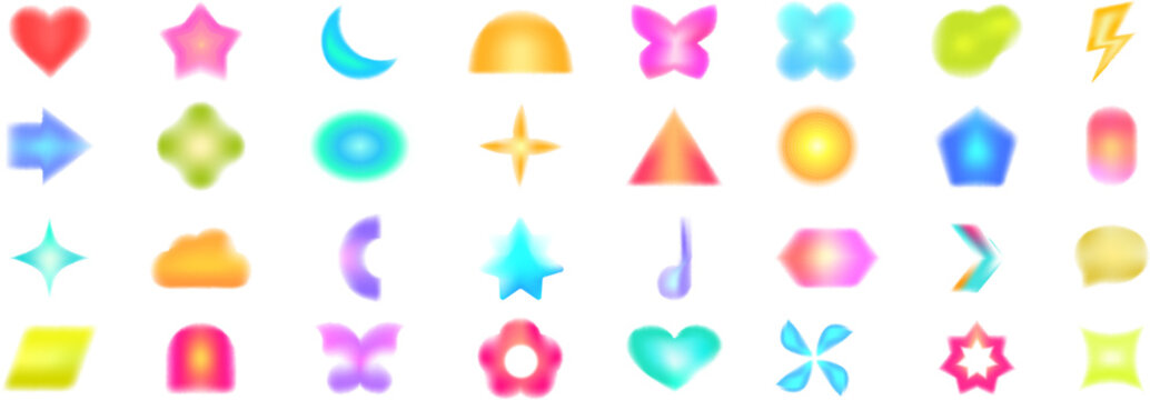 Y2k aura icons set cartoon vector. Abstract blur. Daisy flower shapes