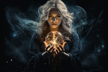 A mystical sorceress casting spells with a crystal ball - obrazy, fototapety, plakaty
