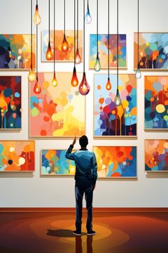 A man is standing in front of a collection of paintings, appearing to examine them closely. The paintings are displayed on walls in frames. The man seems focused and engaged in the artwork