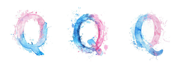 Ai Generated Art Watercolor Set of Multiple Different Pastel Pink and Blue Capital Q Letters On a White Background