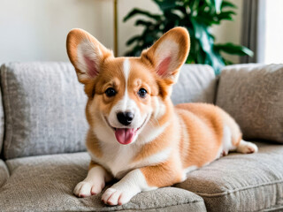 Happy corgi puppy relaxing on the couch in the living room