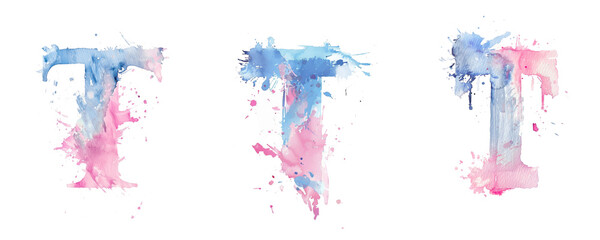 Ai Generated Art Watercolor Set of Multiple Different Pastel Pink and Blue Capital T Letters On a White Background - obrazy, fototapety, plakaty